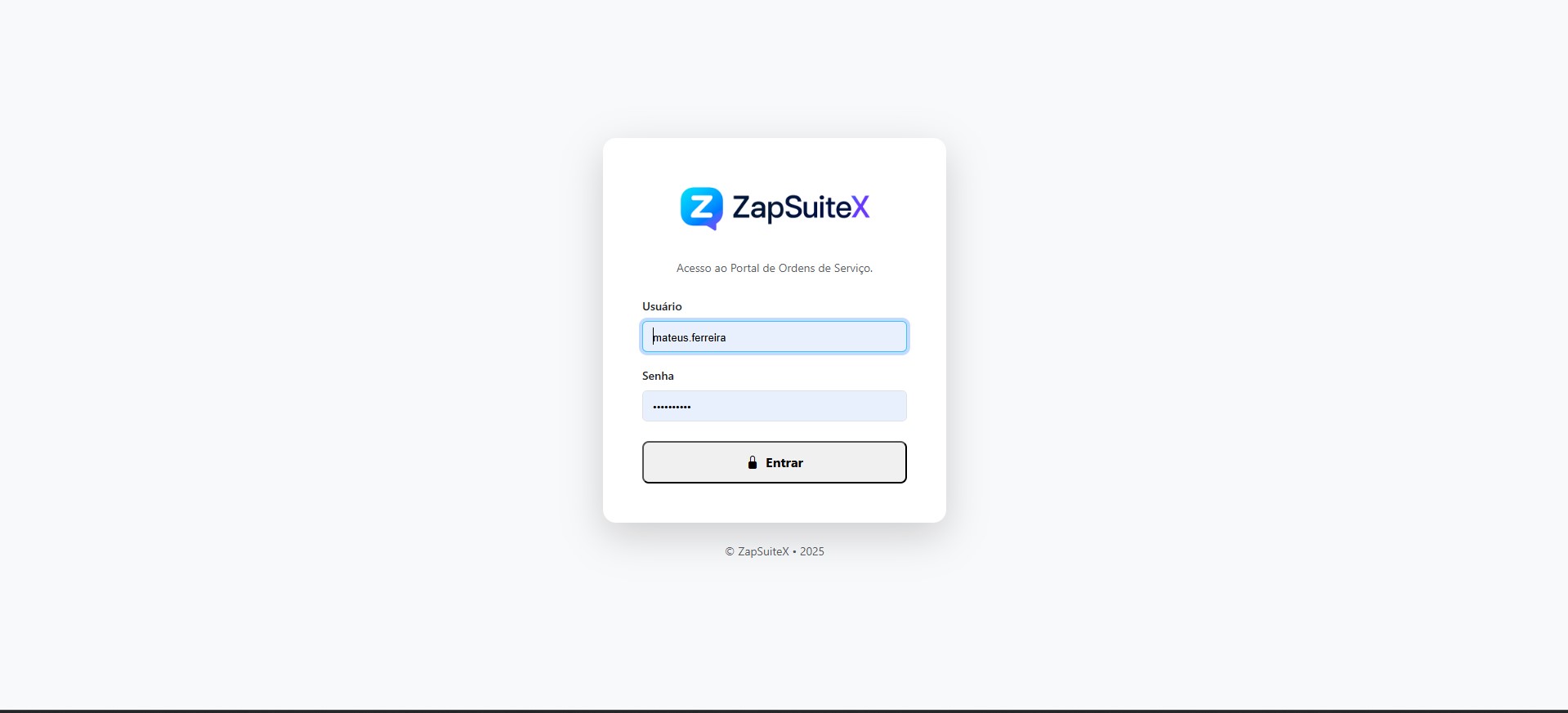 Login do módulo ZapSuiteX OS